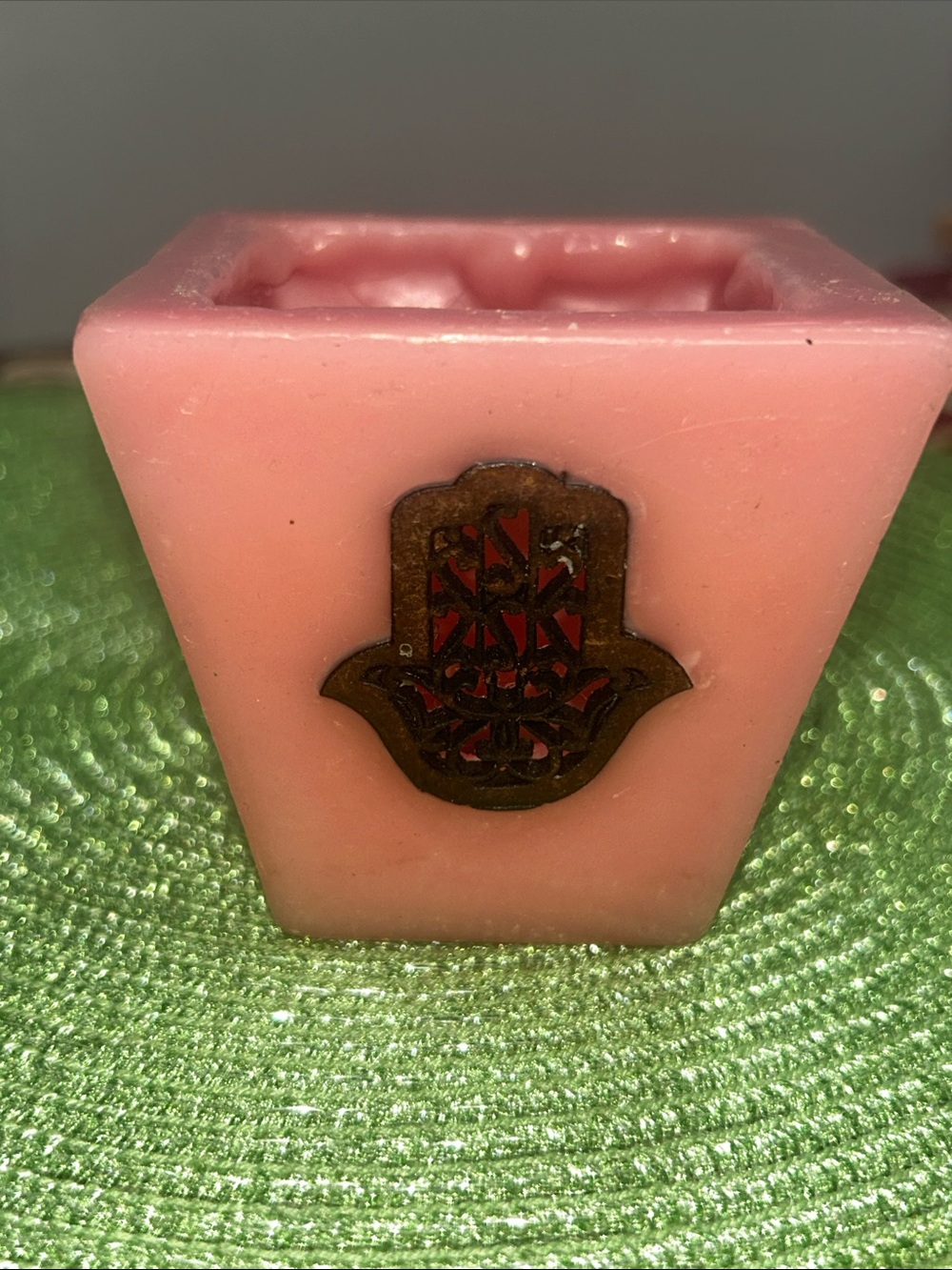 Pink Moroccan Wax Candle Decorative Square Candle Holder with Hamsa hand  charm